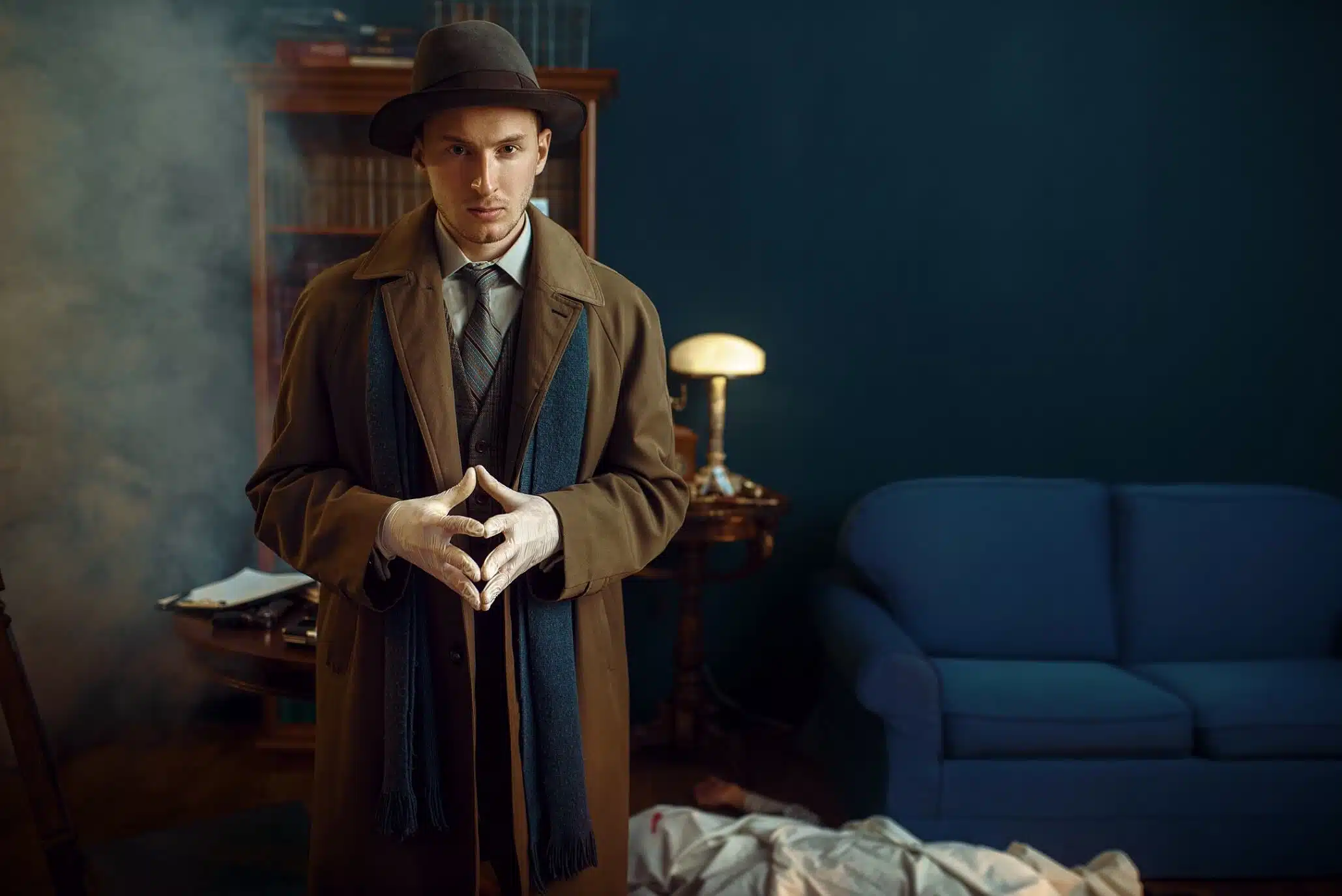 Detective in vintage room, lamp and blue couch.