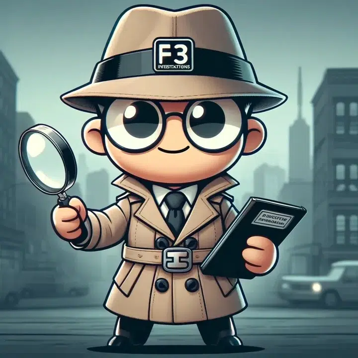 Cartoon detective with magnifying glass and notebook.