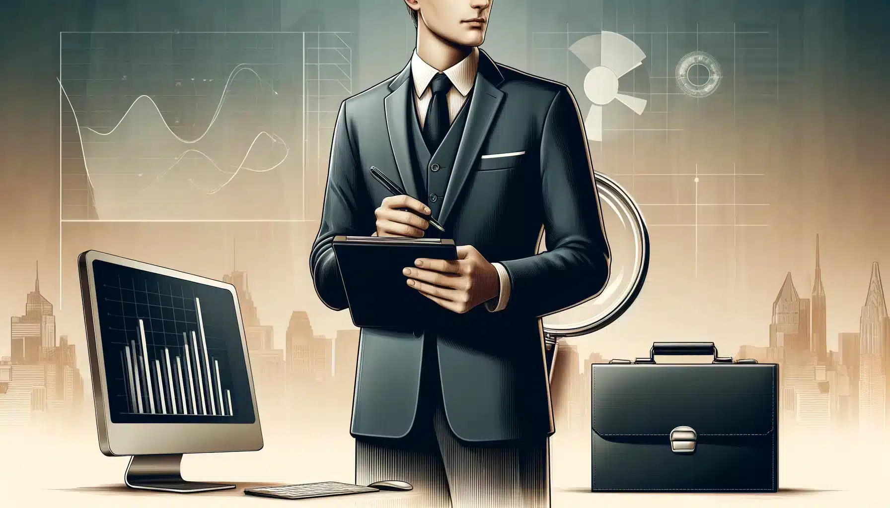 Businessman analyzing data with computer and briefcase.