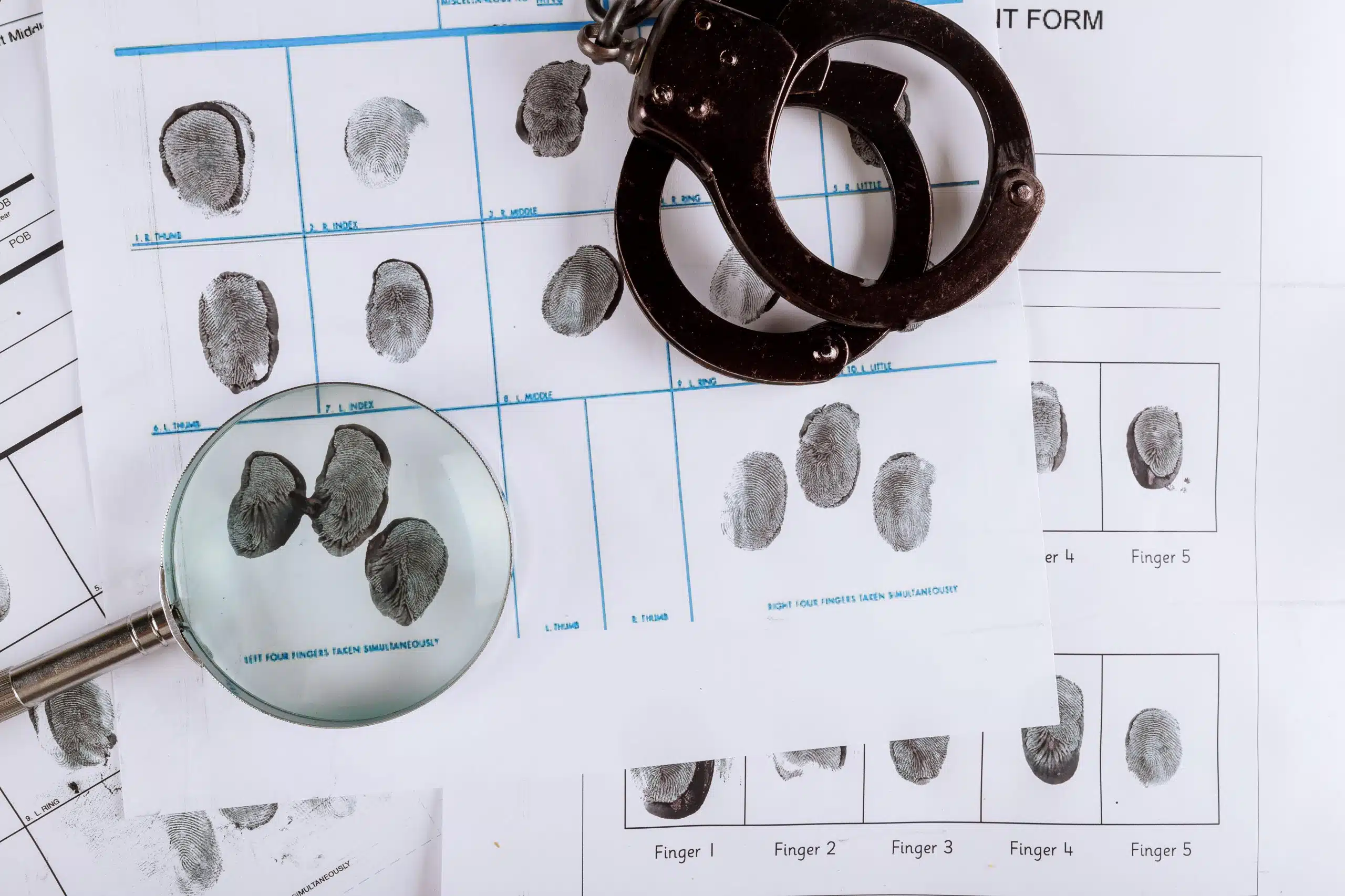 Fingerprint identification with handcuffs and magnifying glass.