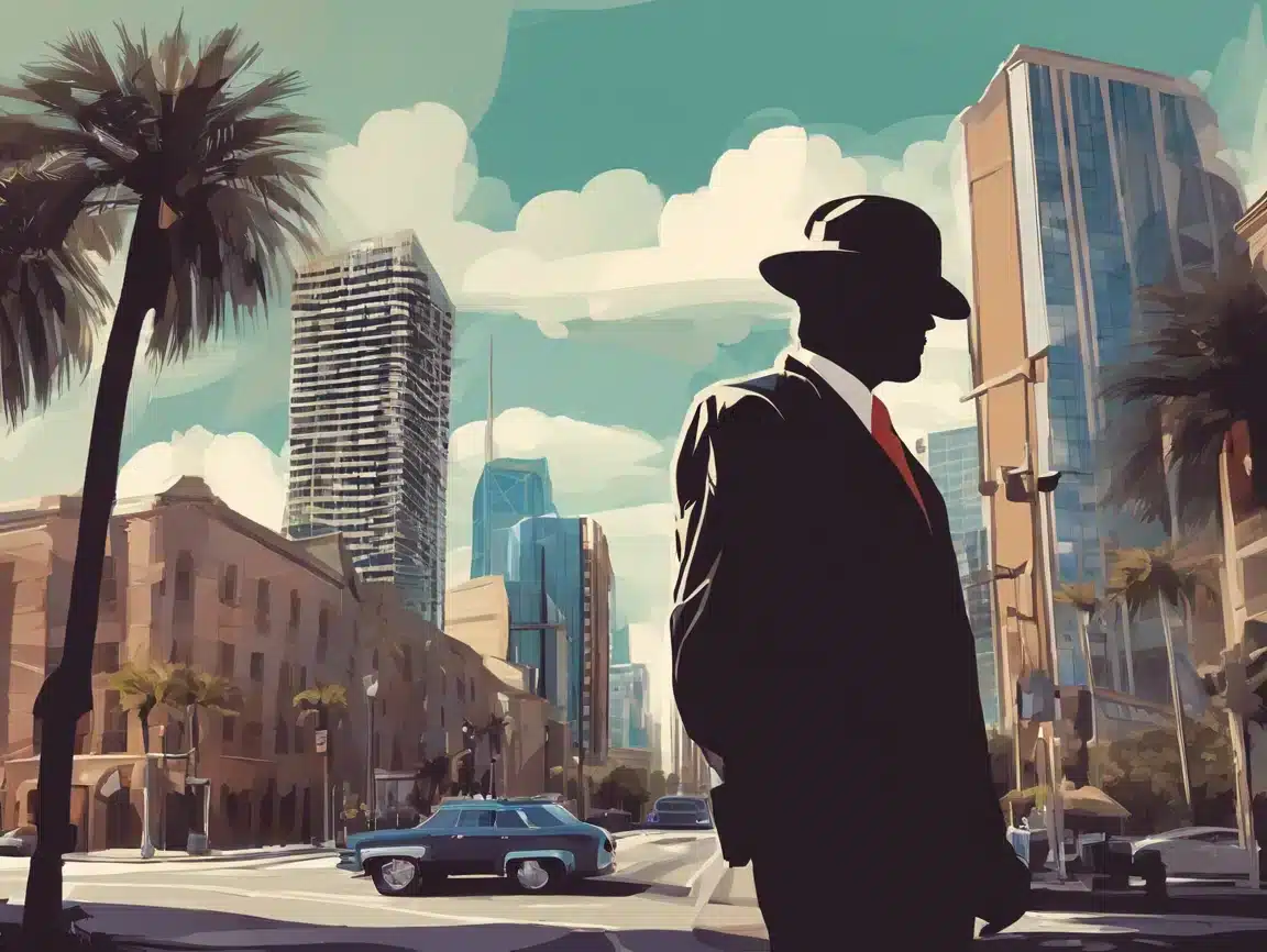 Silhouetted man in suit on city street.