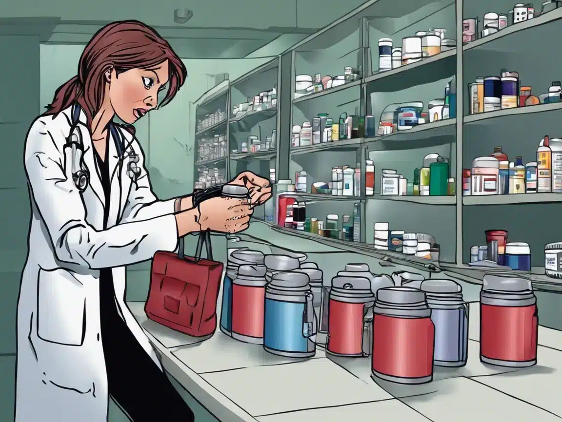 Doctor examining medication in pharmacy.
