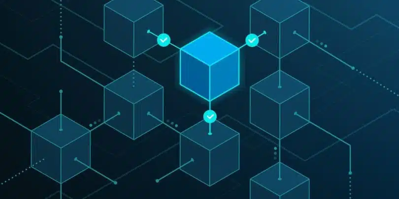 Blockchain network diagram with interconnected blocks.
