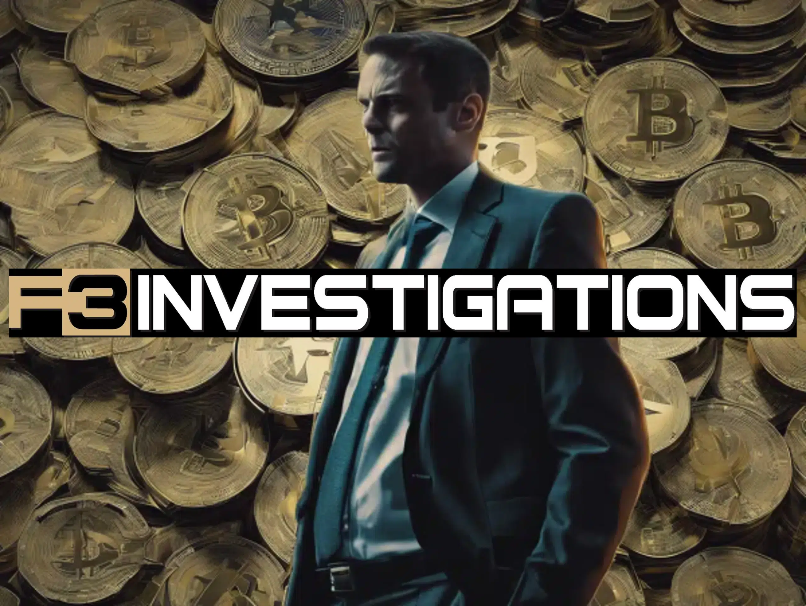 Man with cryptocurrency coins, F3 Investigations logo.