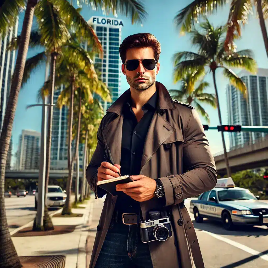 Man in coat with camera in urban Florida setting