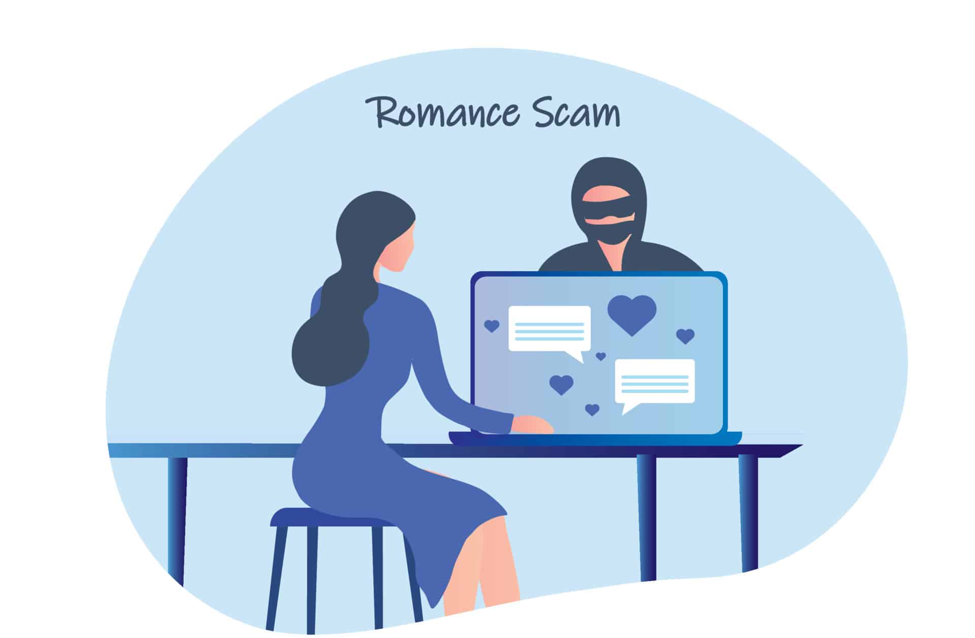 Illustration of online romance scam interaction.