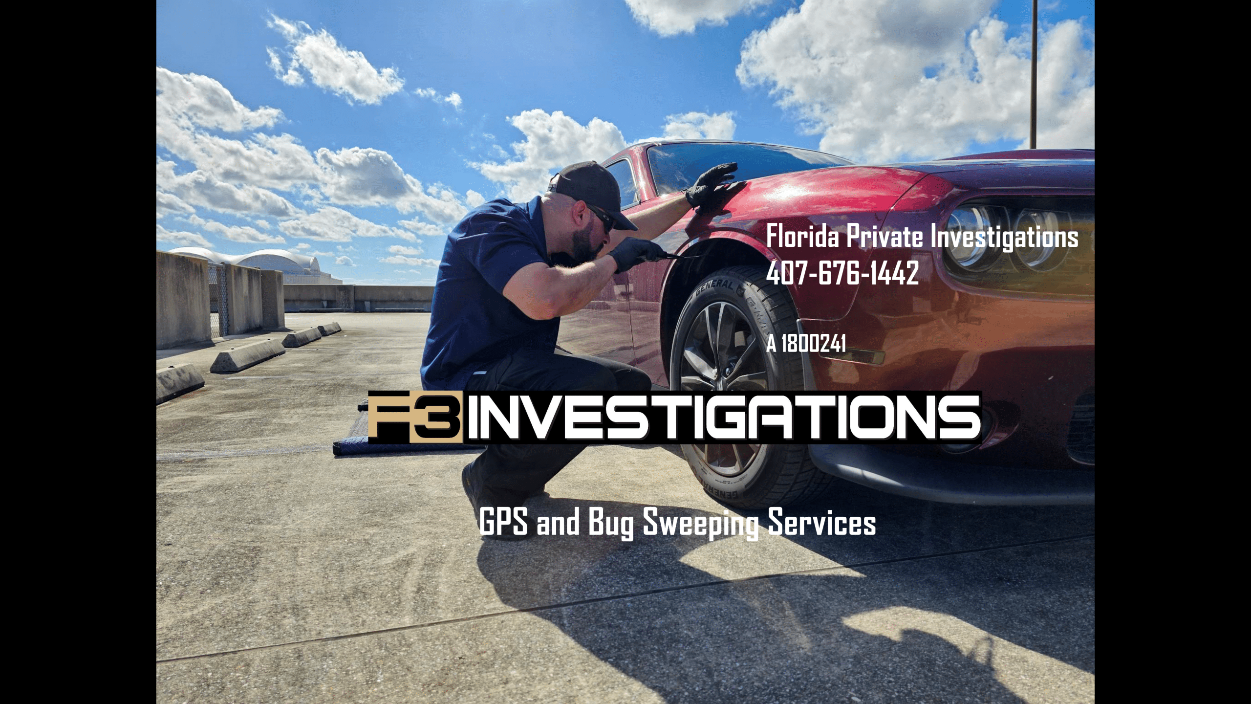 Investigator inspecting car for bugs and GPS devices.