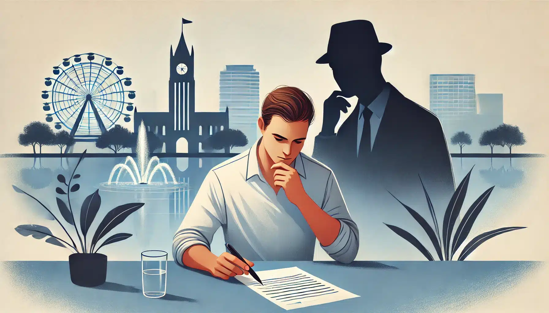 Man writing, thinking, with cityscape background.
