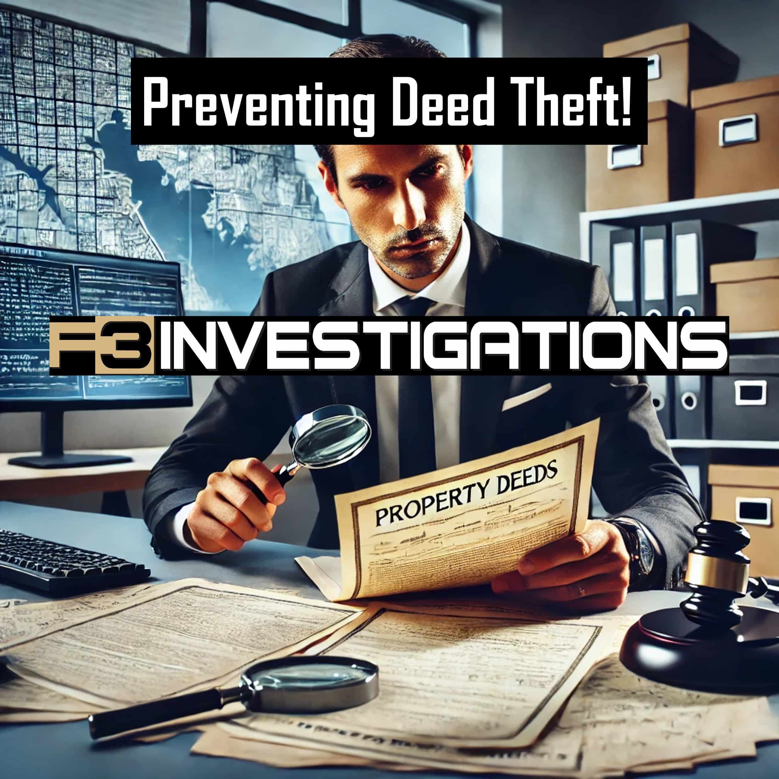 Investigator examining property deeds for fraud prevention.