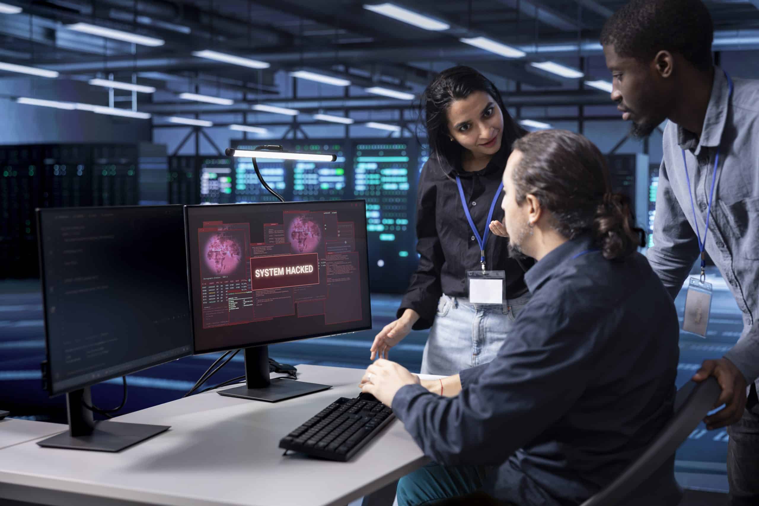 Team discussing system security breach on computer.