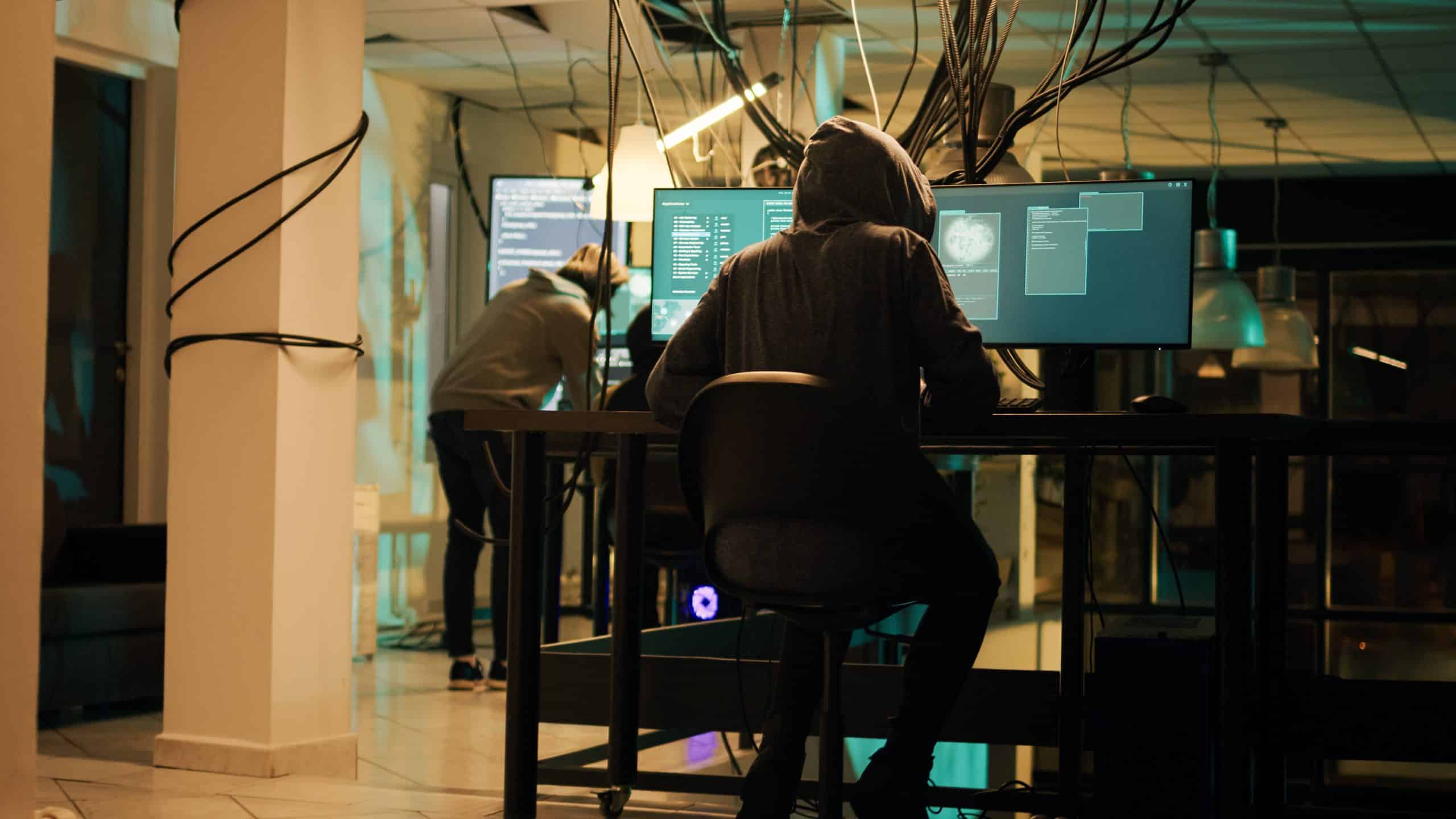 Hooded individuals using computers in dark room.