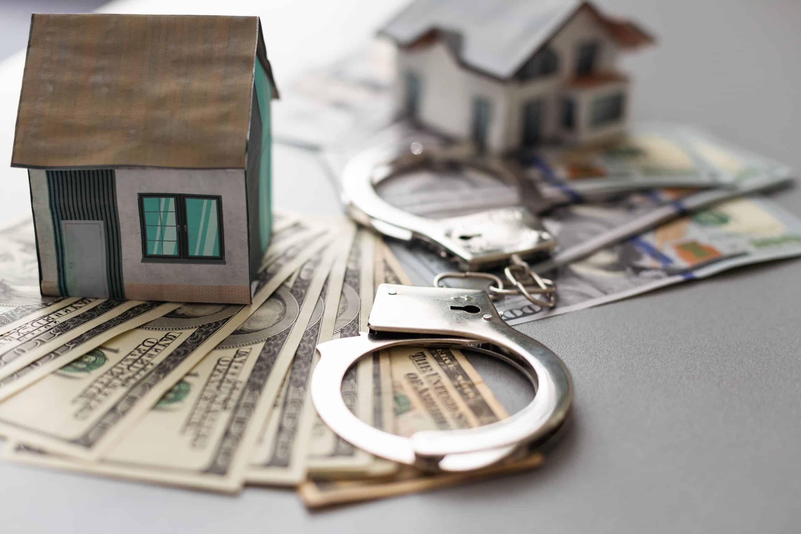 House model on cash with handcuffs, financial crime concept.