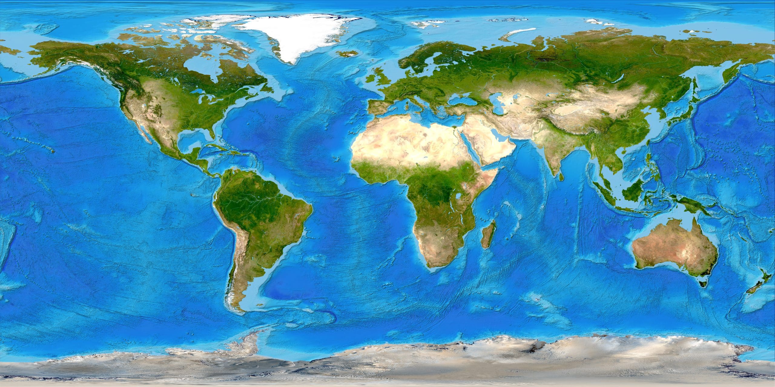 Detailed physical map of Earth's continents and oceans.