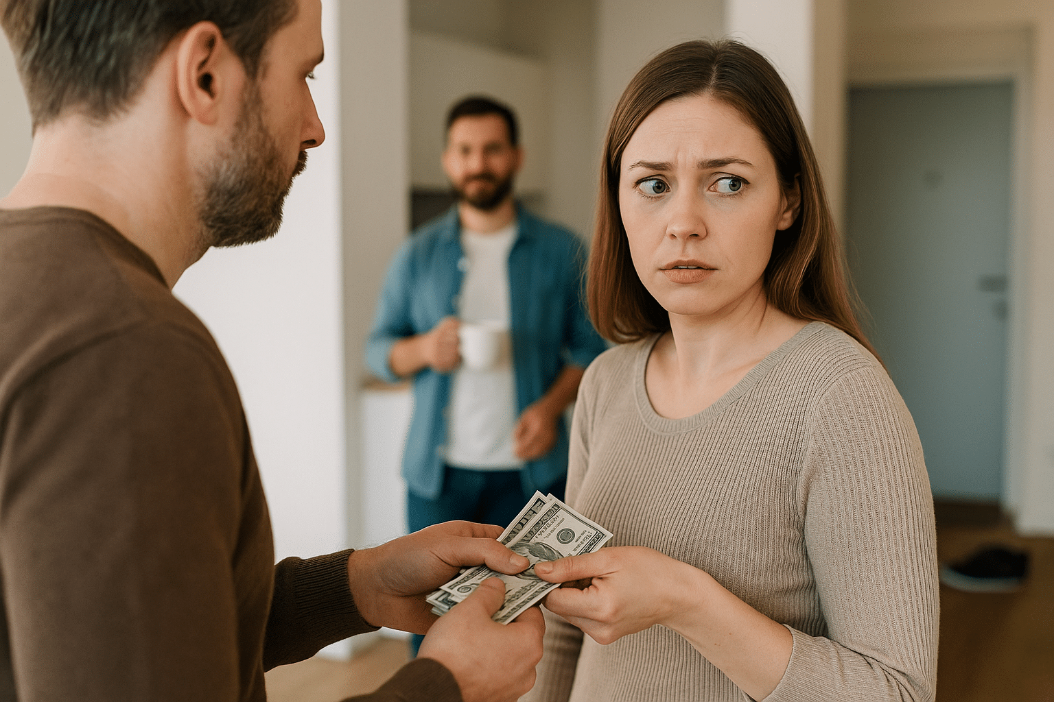 Woman receives money from a concerned man indoors.
