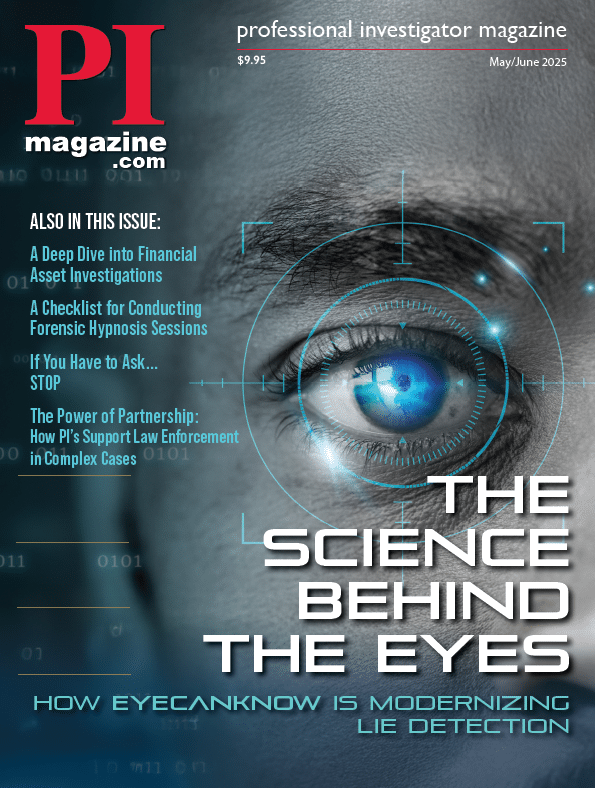 Magazine cover featuring eye, lie detection technology.