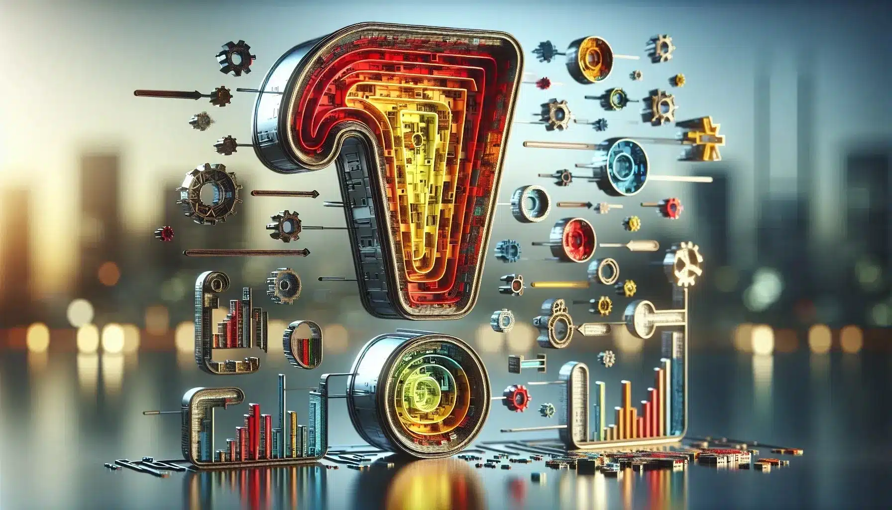 Colorful 3D number one with charts and gears.