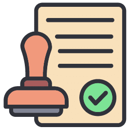Approved document with stamp and checkmark icon.