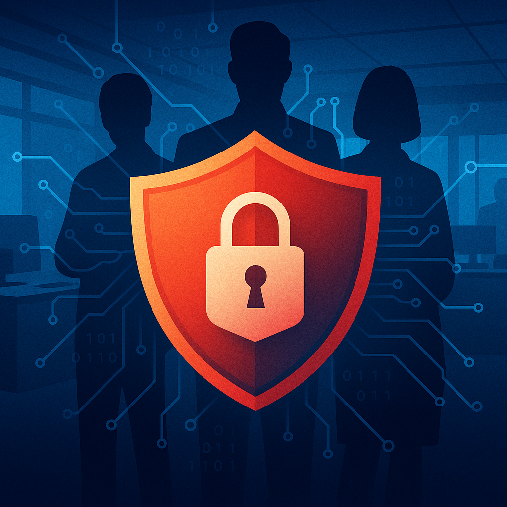 Illustration of cybersecurity with shield lock symbol.