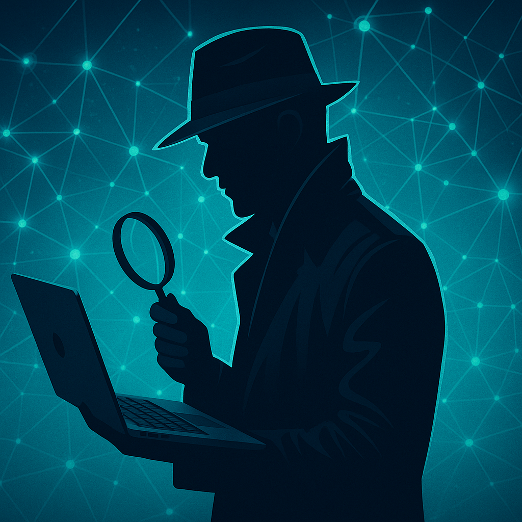Detective examining laptop with magnifying glass