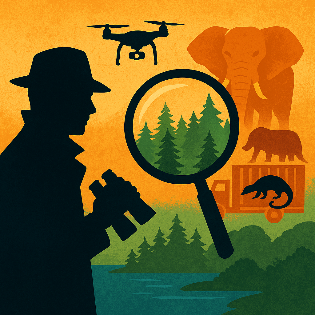 Wildlife conservation detective with drone and animals.