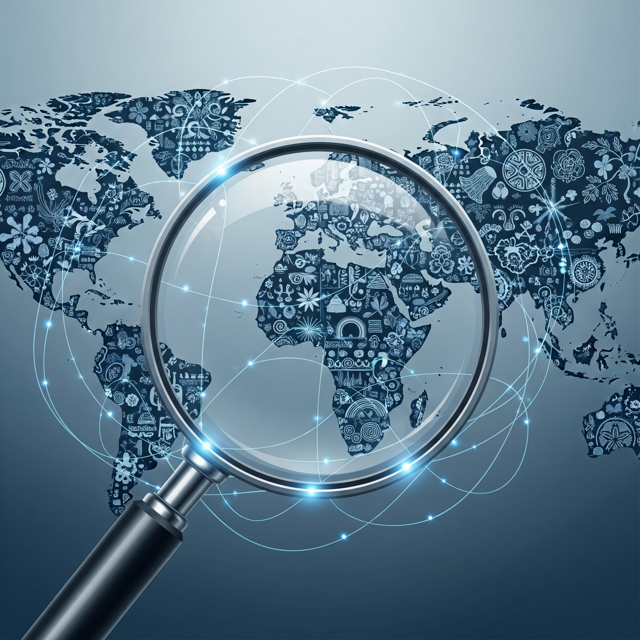 Magnifying glass over world map with symbols.