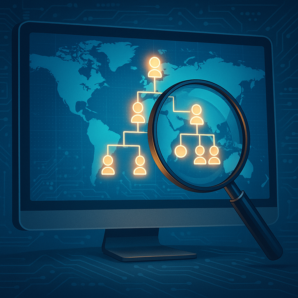 Magnifying glass over digital organizational chart on screen.