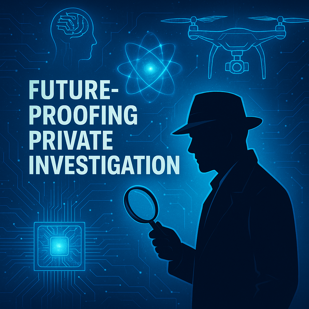 Futuristic private investigation with technology graphics.