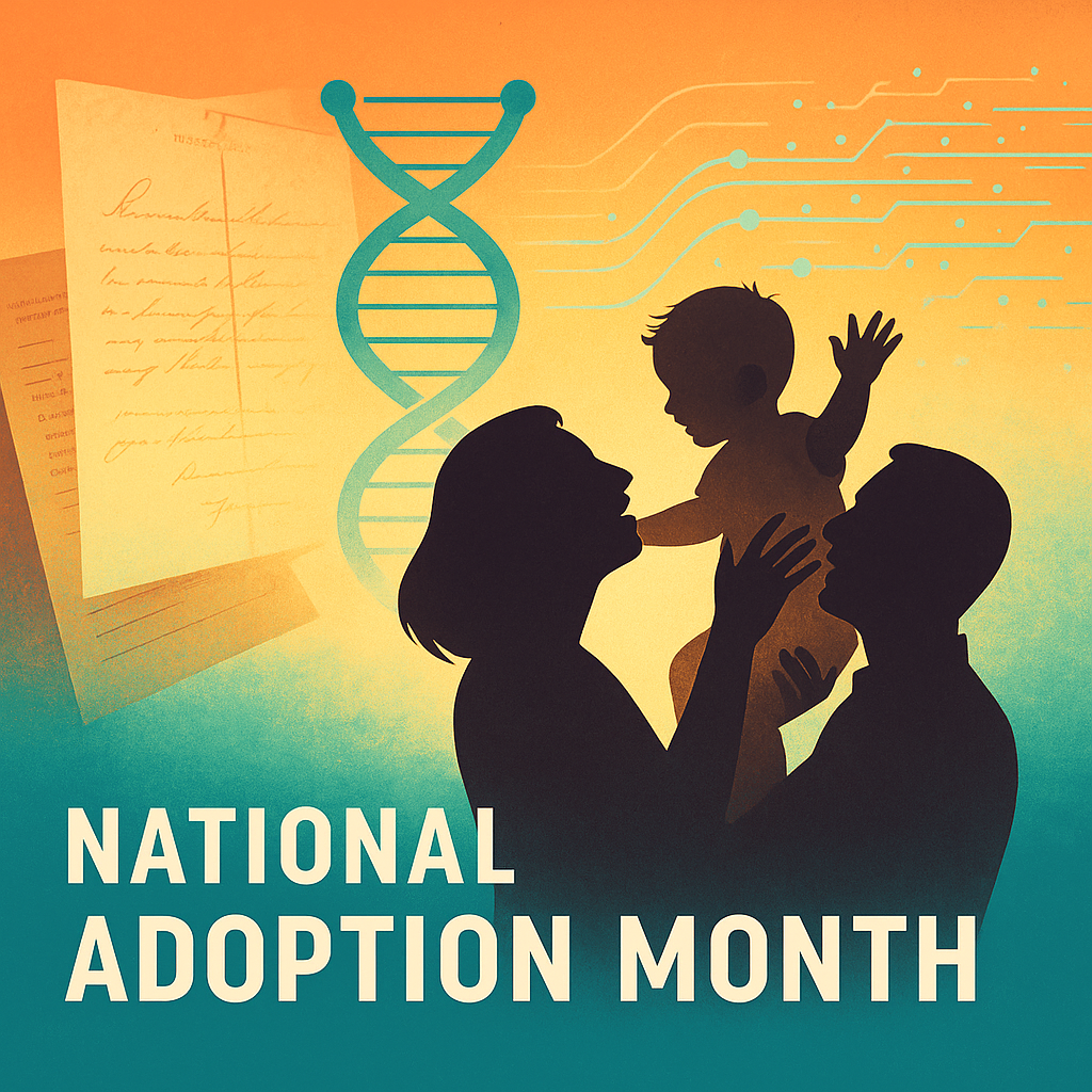 National Adoption Month: Family silhouette with DNA symbol.