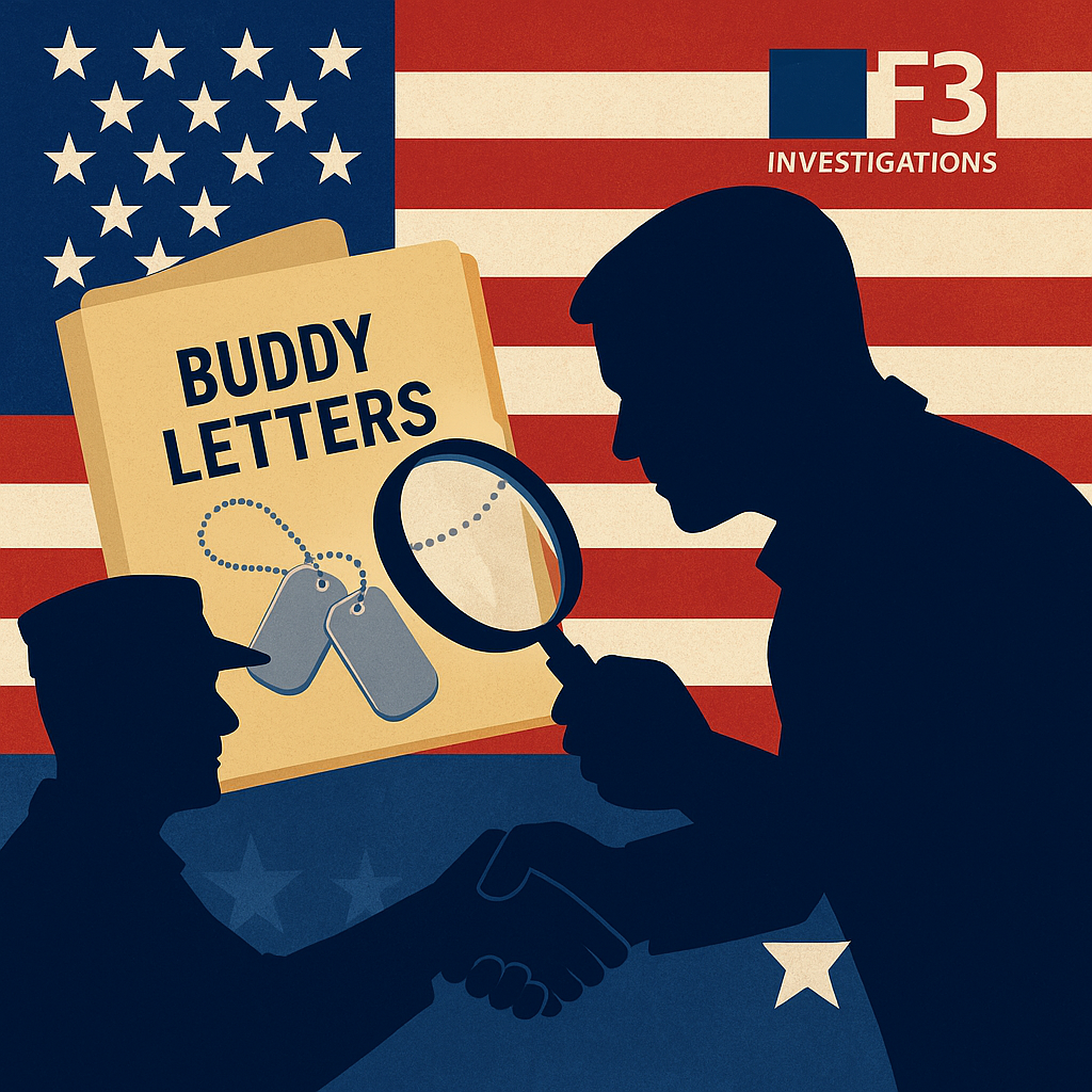 Investigator examining military buddy letters, US flag background.