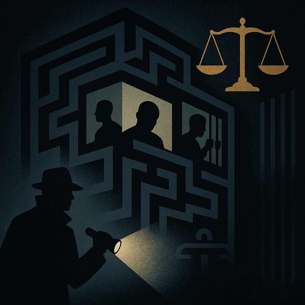 Detective investigating prison maze with justice scales.