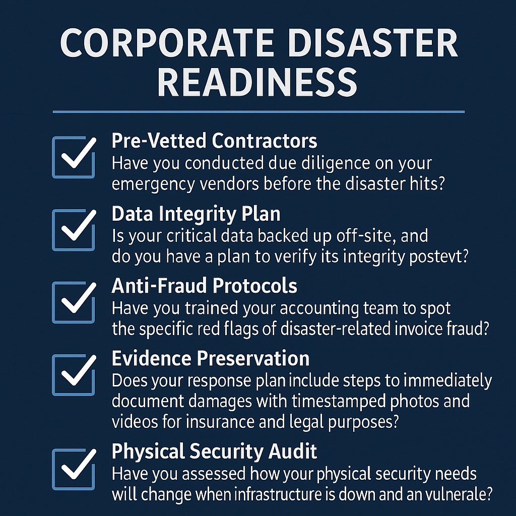 Corporate disaster readiness checklist for emergencies.