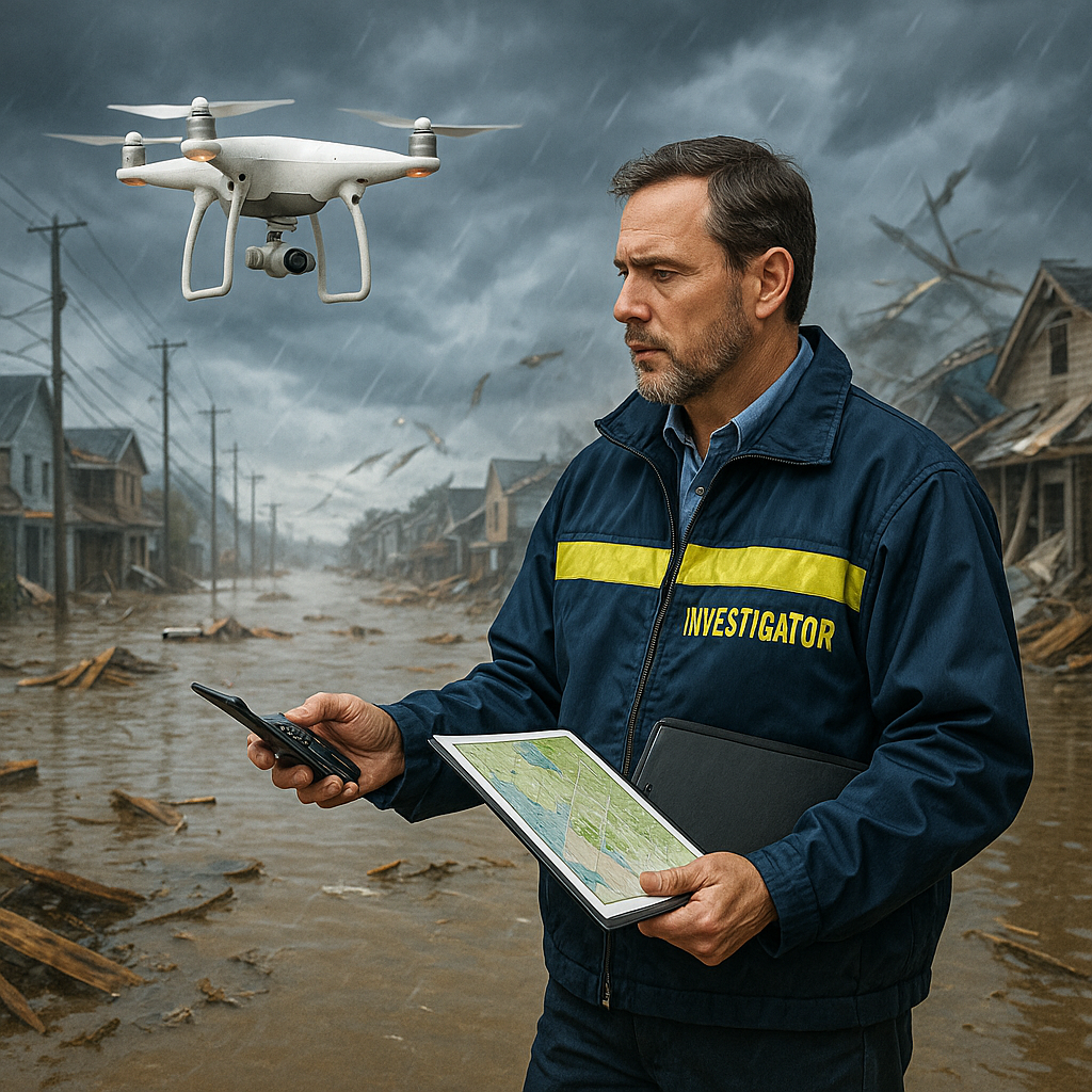 Investigator using drone in post-storm flood scene.