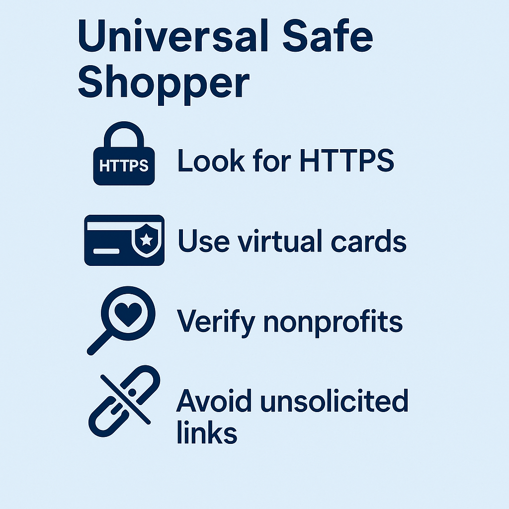 Universal Safe Shopper security tips with icons.