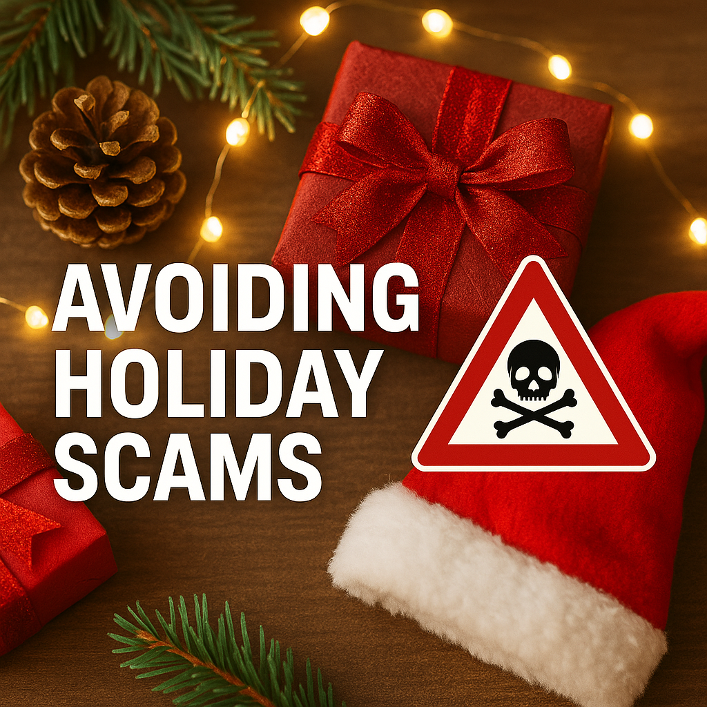 Prevent holiday scams; gift under lights and pinecone.