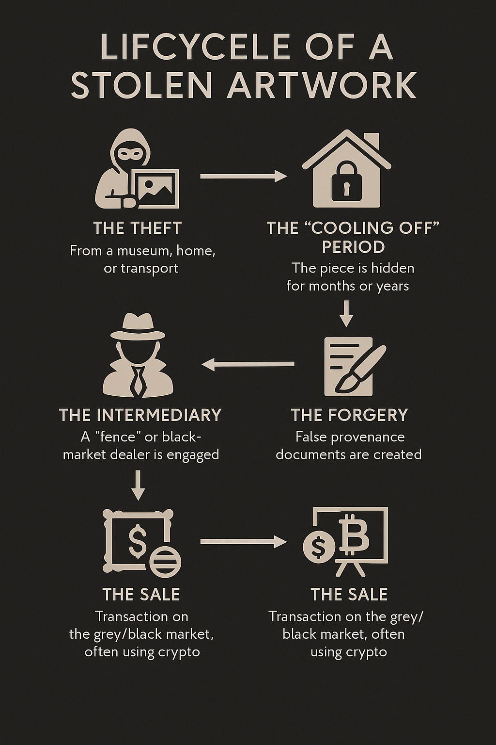 Infographic: Lifecycle of stolen artwork from theft to sale.