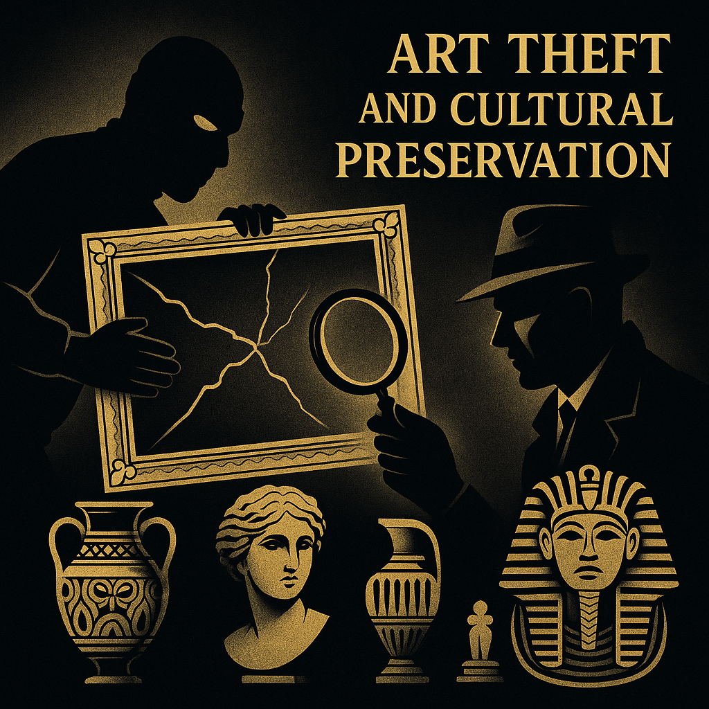 Art theft and preservation theme with detectives, artifacts.
